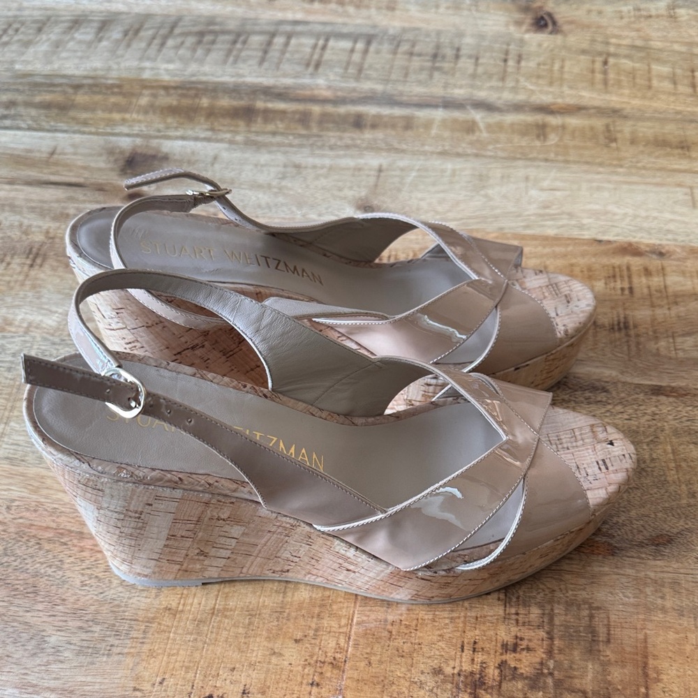 Stuart Weitzman Dayna Nude Patent Leather Cork Wedge Sandals with Slingback 12